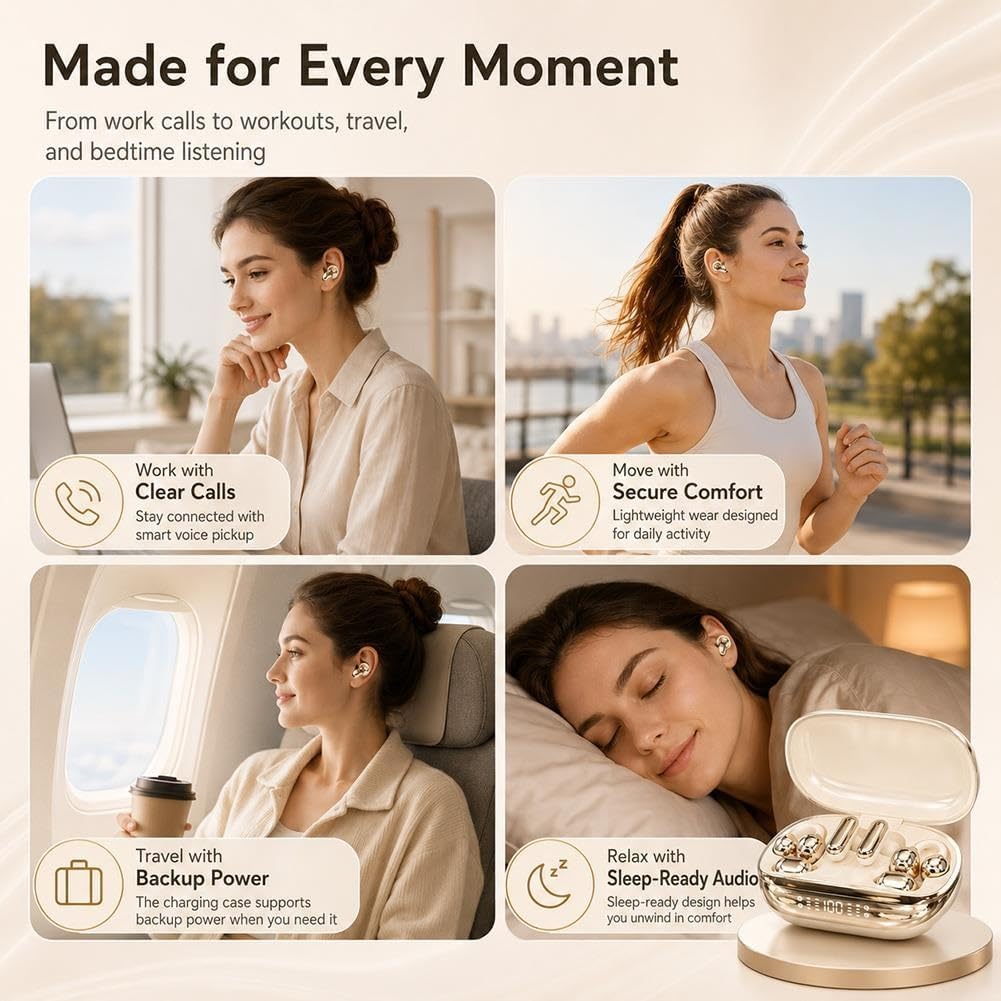 6 in 1 Smart Wireless Earbuds, Open Ear Clip on Sleep Headphones, Bluetooth 6 0, Power Bank Charging