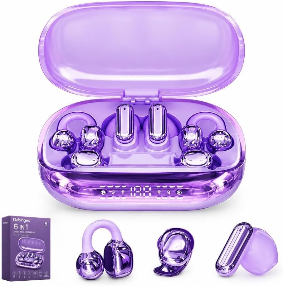 6 in 1 Smart Wireless Earbuds, Open Ear Clip on Sleep Headphones, Bluetooth 6 0, Power Bank Charging