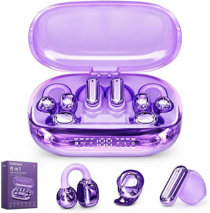 6 in 1 Smart Wireless Earbuds, Open Ear Clip on Sleep Headphones, Bluetooth 6 0, Power Bank Charging