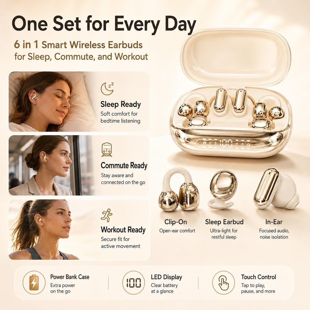 6 in 1 Smart Wireless Earbuds, Open Ear Clip on Sleep Headphones, Bluetooth 6 0, Power Bank Charging