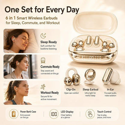6 in 1 Smart Wireless Earbuds, Open Ear Clip on Sleep Headphones, Bluetooth 6 0, Power Bank Charging