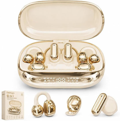 6 in 1 Smart Wireless Earbuds, Open Ear Clip on Sleep Headphones, Bluetooth 6 0, Power Bank Charging