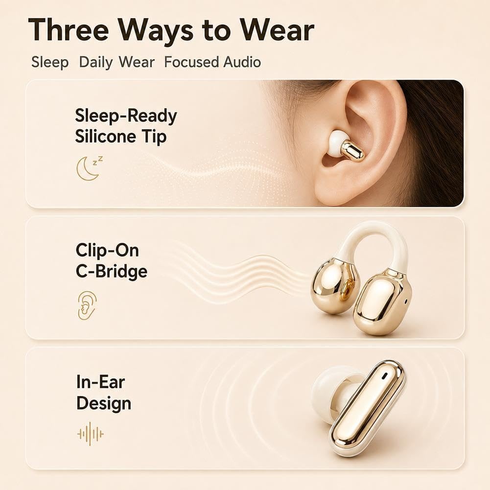 6 in 1 Smart Wireless Earbuds, Open Ear Clip on Sleep Headphones, Bluetooth 6 0, Power Bank Charging