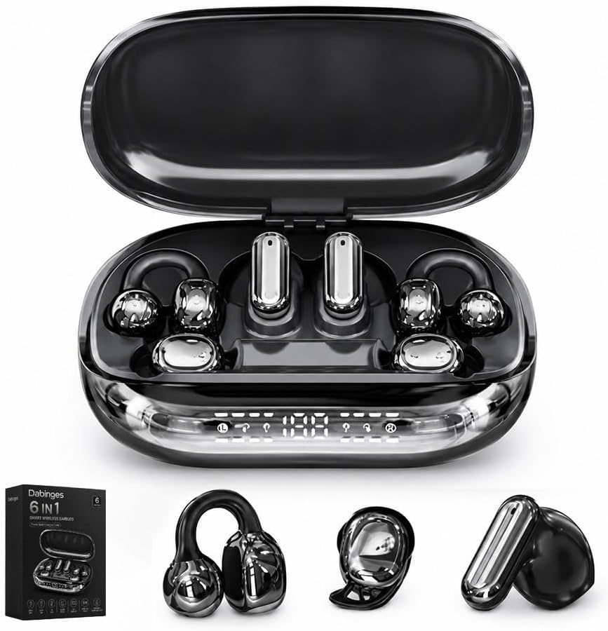 6 in 1 Smart Wireless Earbuds, Open Ear Clip on Sleep Headphones, Bluetooth 6 0, Power Bank Charging