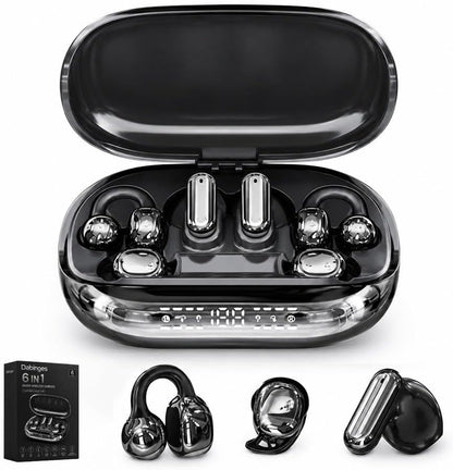 6 in 1 Smart Wireless Earbuds, Open Ear Clip on Sleep Headphones, Bluetooth 6 0, Power Bank Charging