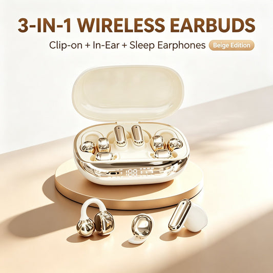 6 in 1 Smart Wireless Earbuds, Open Ear Clip on Sleep Headphones, Bluetooth 6 0, Power Bank Charging