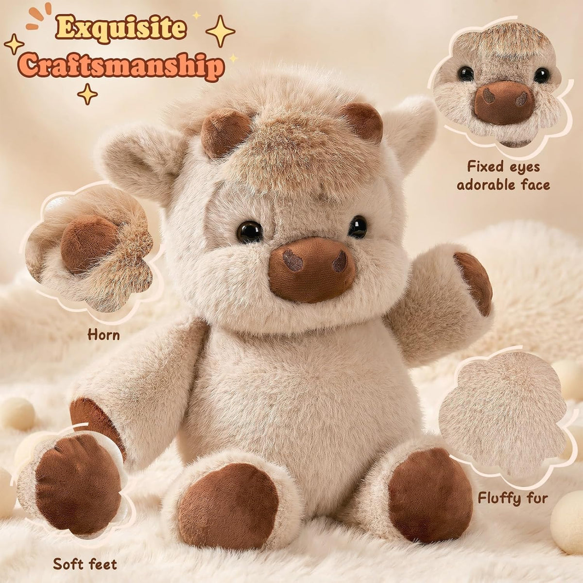 Running Plushies Highland Cow, 17.8"Adorable Stuffed Animals Gifts, Khaki